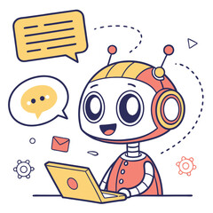 Cute cartoon robot working on a laptop with chat bubbles isolated on transparent background