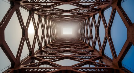 Low angle perspective of a red steel bridge structure, creating a symmetrical tunnel effect with a bright light at the end.