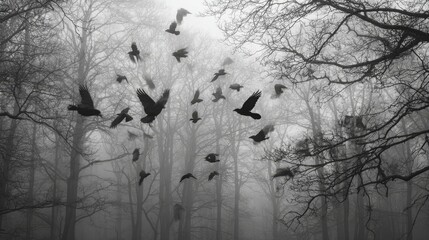 silhouetted birds flying through a foggy winter forest, leafless trees with dark branches framing the scene, eerie and mysterious