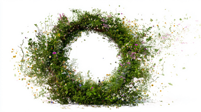 Botanical portal made of growing vines and wildflowers forming a ring, enchanted aura, white background