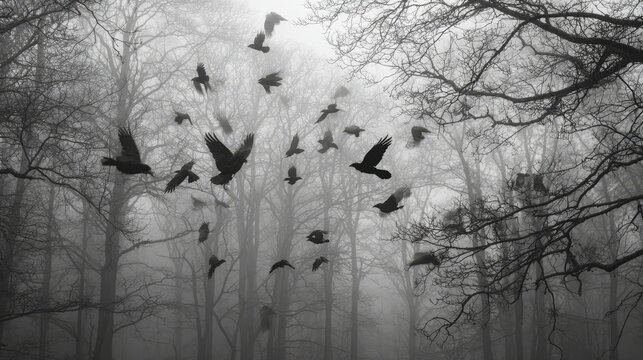 silhouetted birds flying through a foggy winter forest, leafless trees with dark branches framing the scene, eerie and mysterious