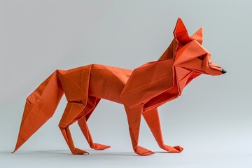 Elegant orange origami fox representation with intricate folds and details on a neutral background