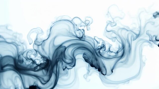 Seamless loopable video of black ink flowing and dispersing in clear water, forming elegant swirling patterns on a pure white background. Perfect for use as a cinematic overlay, motion graphics, or ab