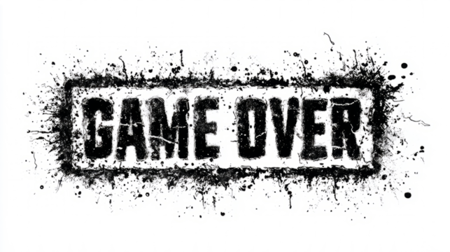Defeat label with grunge splatter and GAME OVER cracked text in black frame