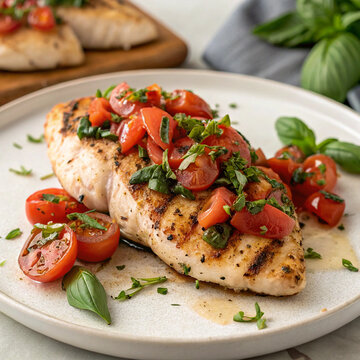 Grilled chicken breast with vegetables on a barbecue grill