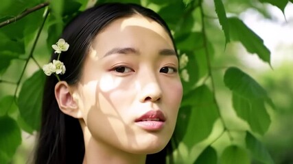 Serene Portrait Woman and Nature's Embrace in Soft Sunlight - Powered by Adobe