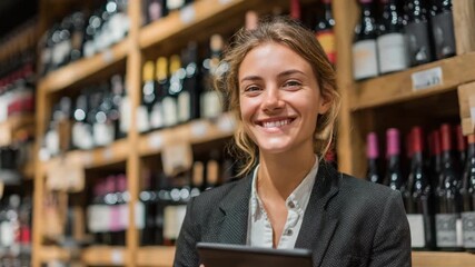 A smiling woman in a blazer holds a tablet in front of a wine store's shelves. Bottles line the wooden racks