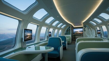 The luxurious interior of a futuristic airship or high-altitude travel vessel, featuring large panoramic windows, personal screens, and a modern, comfortable design.