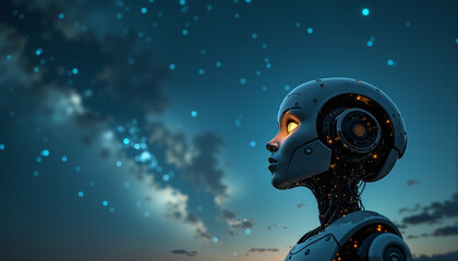 s a woman in a futuristic suit standing in front of a cloudy sky. She appears to be a cyborg