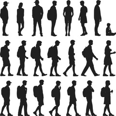 Silhouettes of walking, standing, sitting people, men and women, backpacks, casual poses, black figure illustrations, isolated on white background