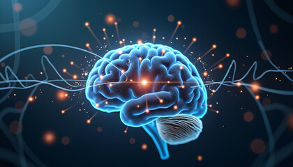 s a blue brain with neurons in the middle of it