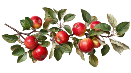 Apple tree branch with healthy apples and leaves top view isolated on a Transparent background, PNG file.