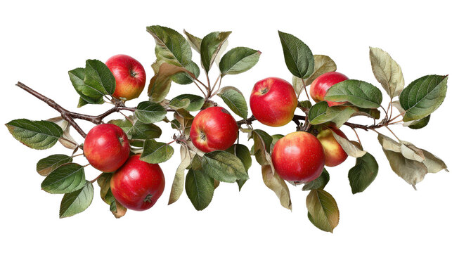 Apple tree branch with healthy apples and leaves top view isolated on a Transparent background, PNG file.