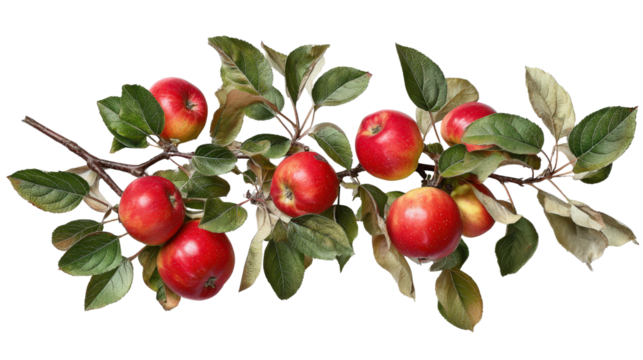 Apple tree branch with healthy apples and leaves top view isolated on a Transparent background, PNG file.