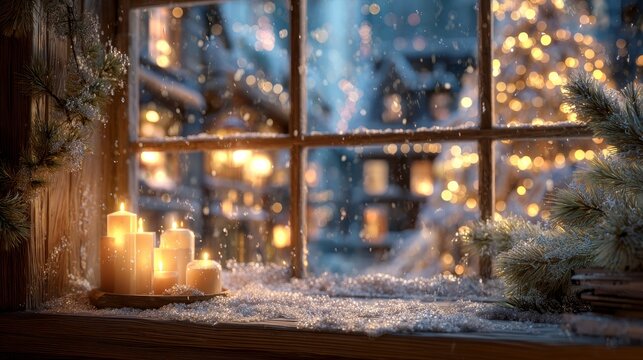snowy winter window scene, warm glowing candles on wooden windowsill, soft falling snow outside, decorated christmas tree with twinkling fairy lights