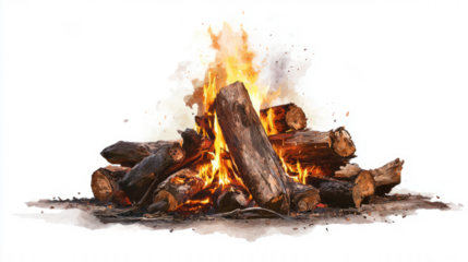 campfire with logs and soft glow, white background