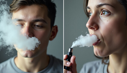 Fototapeta premium s a man and woman smoking an electronic cigarette. The man is holding the device in his hand and the woman is inhaling the smoke from it. The background of the image is a collage of two pictures.