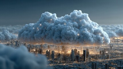 Cloud computing technology icons over cityscape in blue digital theme, showing data sync, network, and security infrastructure