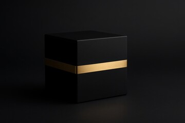 Minimal matte black cube with golden stripe on gradient dark background, elegant geometric design concept for modern promotions with copy space