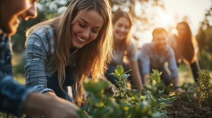 A sustainable business's team participating in a green initiative, action shot, in an outdoor setting, using engaging composition techniques, with warm natural light