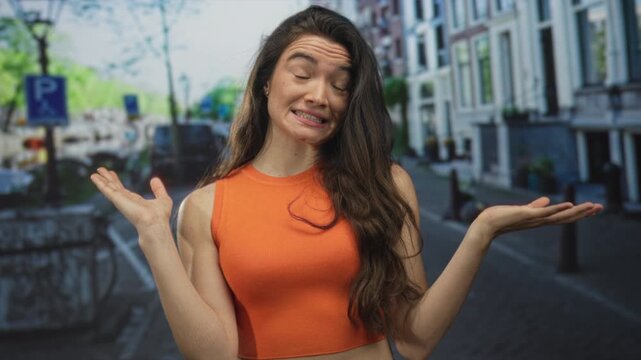Hispanic teen woman shrugging bare hands on street amid parked bicycles and lampposts; uncertainty doubt hesitation confusion.