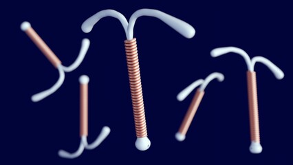 A 3D rendering of a copper IUD or Intrauterine Device. The vertical stem of the 'T' is wrapped tightly with a coiled, copper-colored wire. The type of contraceptive.