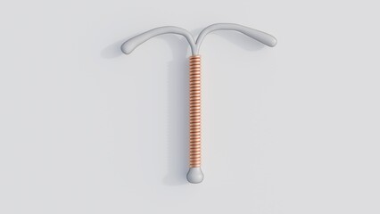 A 3D rendering of a copper IUD or Intrauterine Device. The vertical stem of the 'T' is wrapped tightly with a coiled, copper-colored wire. The type of contraceptive.