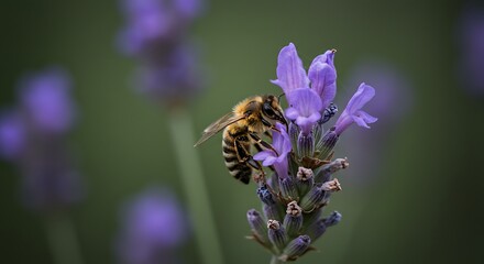 Fototapeta premium Busy bee collecting nectar from purple lavender flower