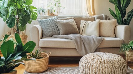 A sustainable living room with natural light and organic textiles, flat lay shot, in a cozy home setting