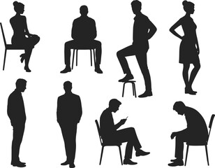Silhouettes of men and women standing, sitting, using phone, thinking, isolated on white, various human postures, casual and formal