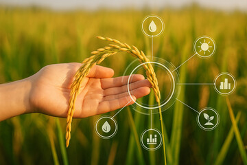 AI generated human hand gently holds golden rice in field with digital HUD overlay symbolizing smart agriculture precision data care and connection between technology and nature
