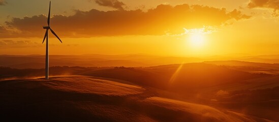 Obraz premium Wind Turbine Silhouette at Sunset Over Rolling Hills