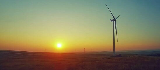 Wind Turbine Silhouette at Sunset Over Rolling Hills