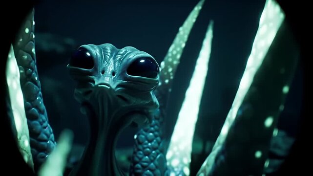Close-up of an alien creature in a dark underwater scene
