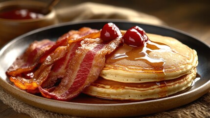 A traditional American breakfast with pancakes and bacon, side angle shot, in a cozy setting