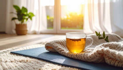 Herbal tea in a glass mug on a yoga mat, a folded cotton blanket next to it, sunlight from the window, healthy lifestyle