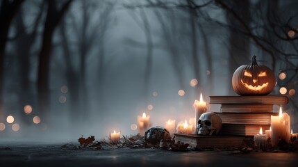 spooky Halloween graveyard scene, glowing jack-o'-lantern with sinister face, skull resting on old books, lit candles surrounding, foggy forest background