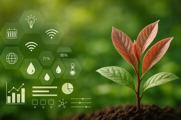 AI generated young red leaf seedling growing in fertile soil with digital smart agriculture interface showing data analysis and environmental indicators on blurred green background