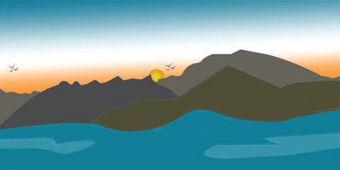 Vector Sunset Scene with Mountains, River, and Silhouetted Birds