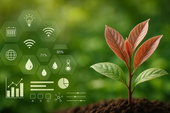 AI generated young red leaf seedling growing in fertile soil with digital smart agriculture interface showing data analysis and environmental indicators on blurred green background