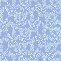 Obraz premium Hand drawn foliage seamless pattern in blue background. this seamless pattern perfect for any of your project like paper, printed it on fabric, or as wallpaper