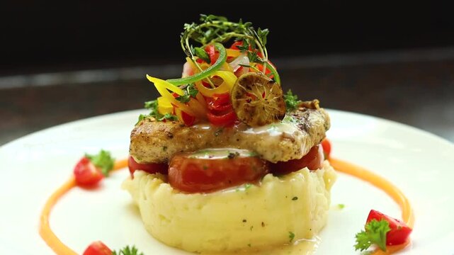 Grilled fish with mashed potato and veggies on top served on a white plate
