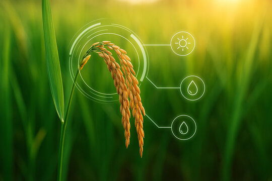 AI generated golden rice panicle in smart farm field with digital interface representing precision agriculture technology and environmental monitoring for sustainable food security - Powered by Adobe