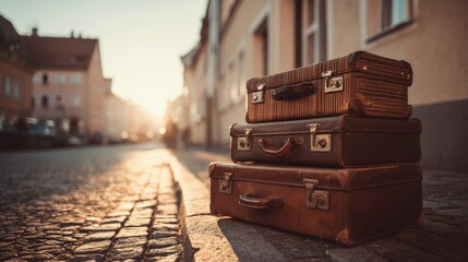 stack of vintage leather suitcases on cobblestone street at sunrise, soft golden morning light casting long shadows, blurred old european buildings in the background