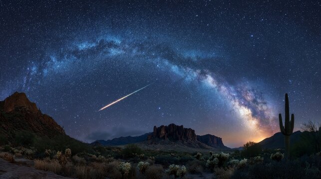starlit desert landscape with clear night sky, vibrant meteor shower streaking across stars, silhouette of cactus and rocky mountains, glowing Milky Way arch