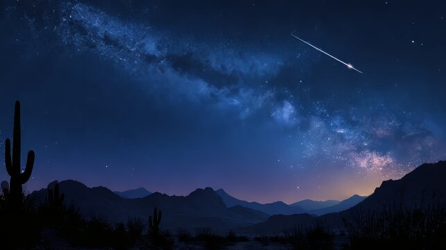 starlit desert landscape with clear night sky, vibrant meteor shower streaking across stars, silhouette of cactus and rocky mountains, glowing Milky Way arch