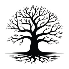 Obraz premium Tree of Life with Roots & Branches Silhouette, Vector, Illustration, Outline, Line Art, Icon, White Background.