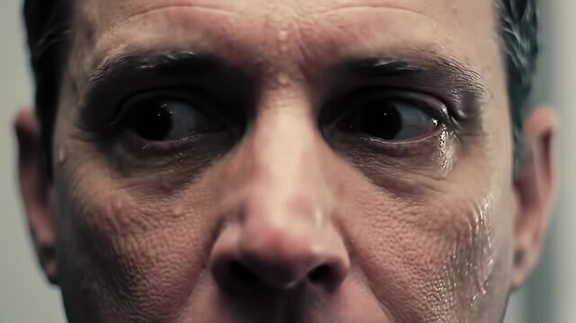 Extreme closeup of a man's face, slightly sweaty, conveying intense emotion