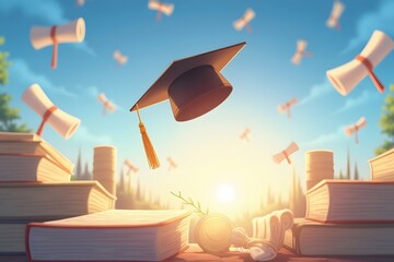 Graduation cap toss with diplomas floating above open books at sunset  