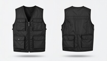 3D Realistic Mockup of Black Utility Vest with Multiple Pockets - Front and Back Views on Isolated White Background